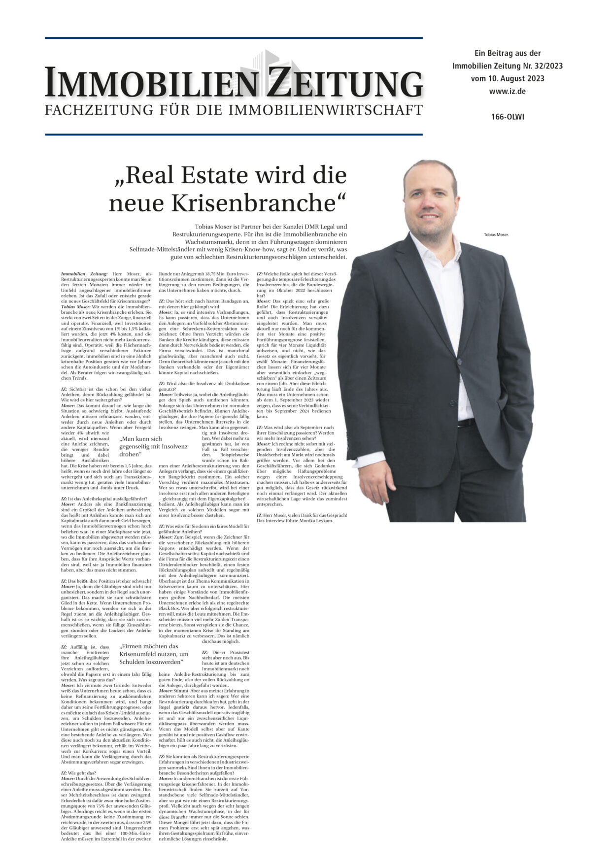 Dr. Tobias Moser Immobilien Zeitung Interview
